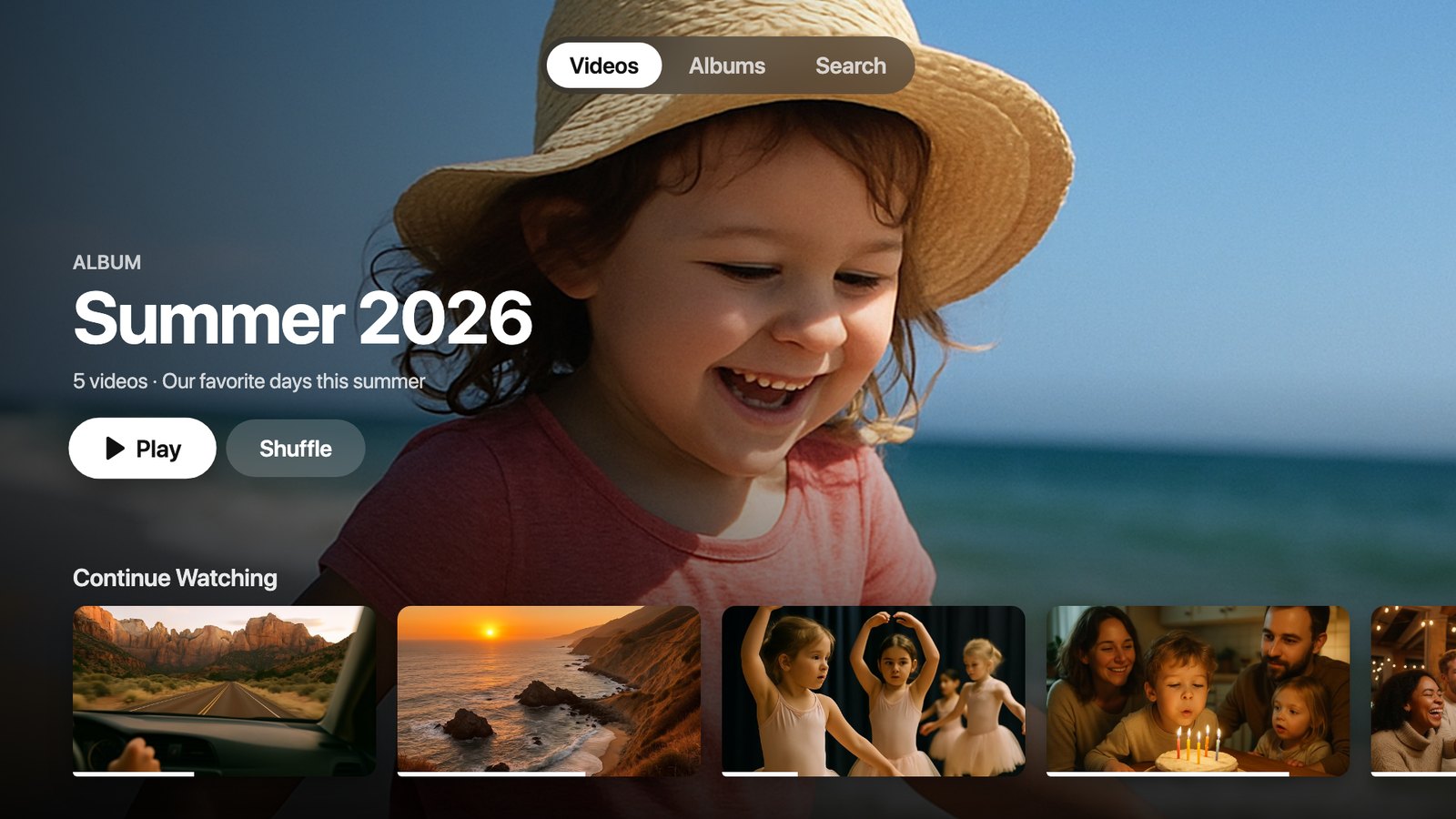 Videos on a TV: an album with Play and a Continue Watching row